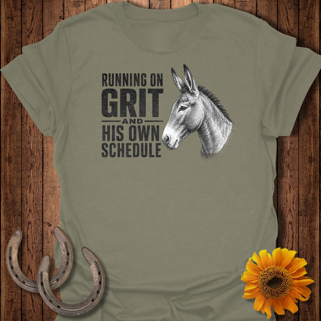 T-shirt with donkey and text "Running on Grit and His Own Schedule".