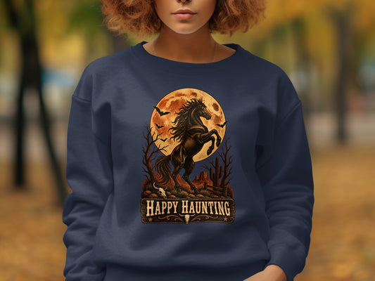 Dark horse rearing before a moon with bats and "Happy Haunting" text.