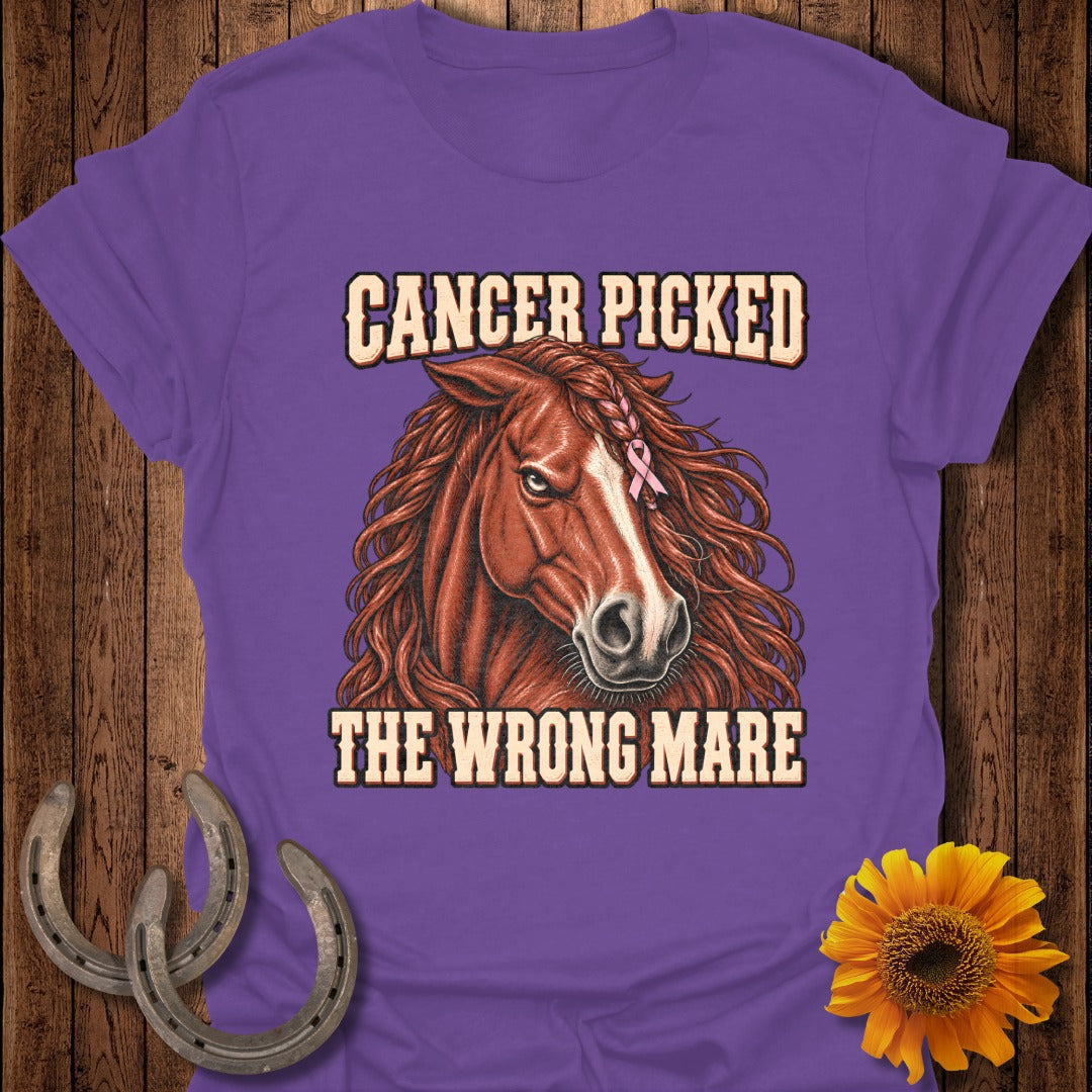 Purple t-shirt with horse and text "Cancer Picked The Wrong Mare."