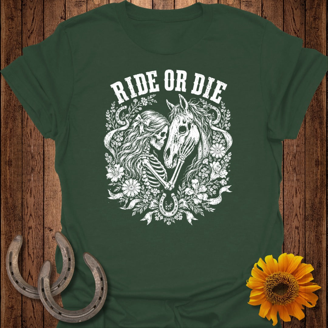 Green t-shirt with "RIDE OR DIE" text and skeleton embracing a horse.