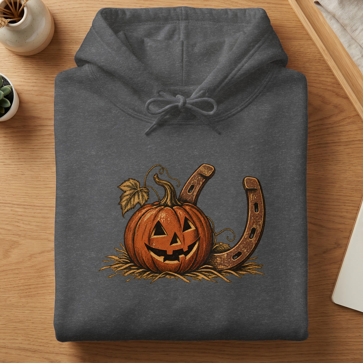 Dark grey hoodie with a jack-o'-lantern and horseshoe graphic.