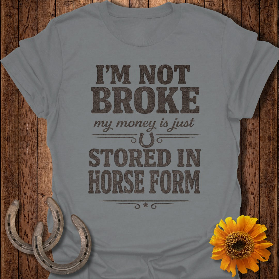 Grey t-shirt with text "I'm not broke, my money is just stored in horse form."