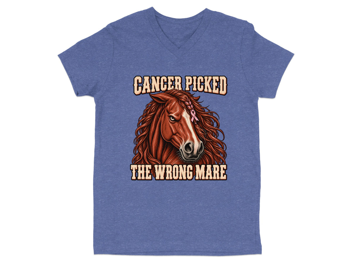 Horse head with pink ribbon and text "Cancer picked the wrong mare".