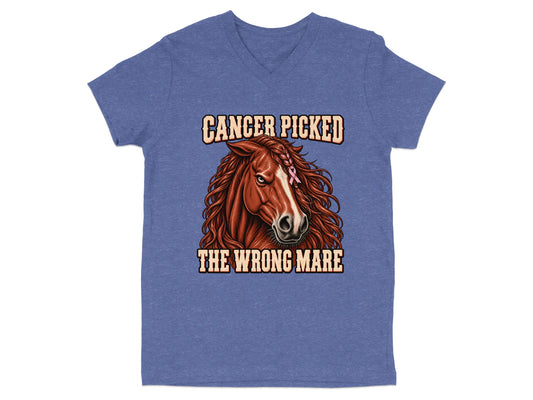 Horse head with pink ribbon and text "Cancer picked the wrong mare".