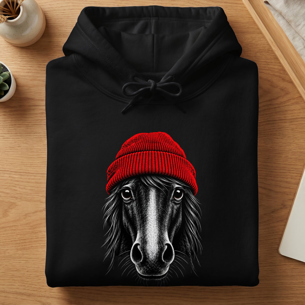 A folded black hoodie featuring a graphic illustration of a horse wearing a red beanie.