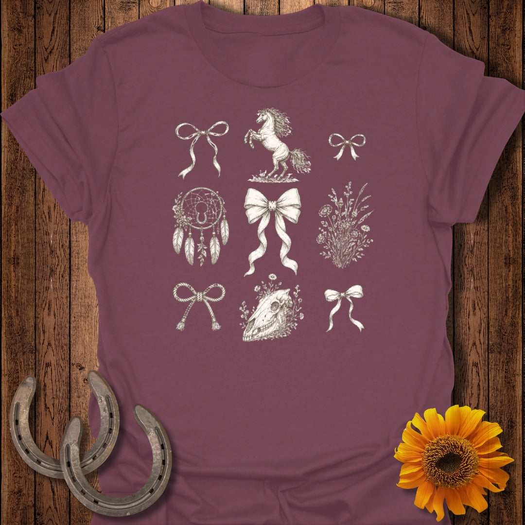 Burgundy t-shirt with horse, skull, floral bouquet, and bow designs.