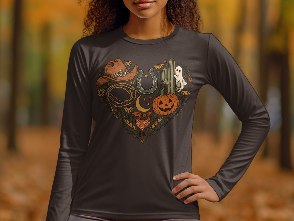 Brown long-sleeve shirt with a heart-shaped graphic featuring cowboy hat, rope, cactus, ghost, pumpkin, and bandana.