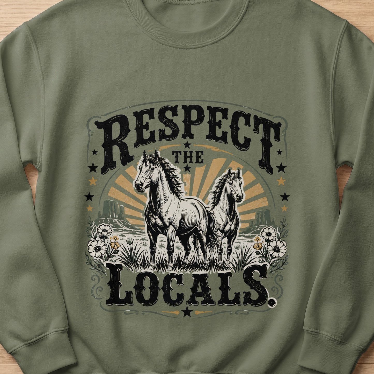 Two horses stand in a field with text "RESPECT THE LOCALS"