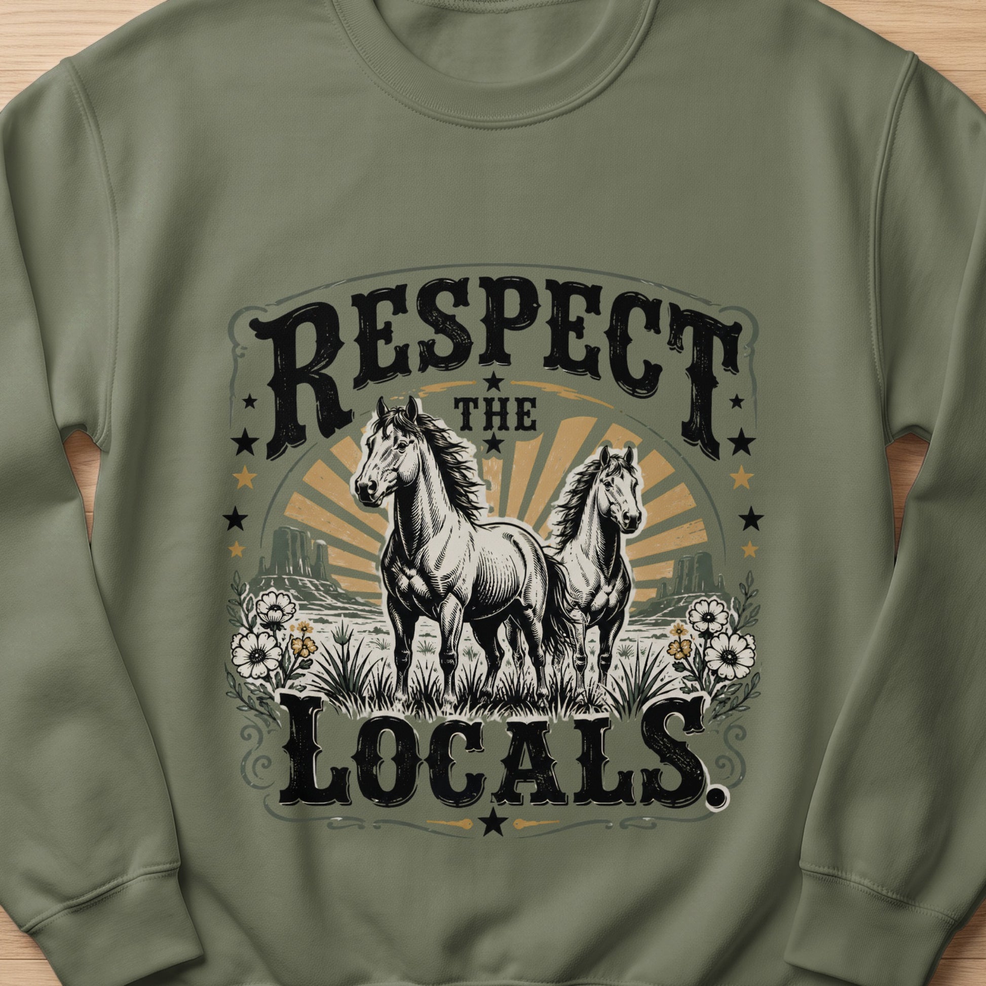 Two horses stand in a field with text "RESPECT THE LOCALS"