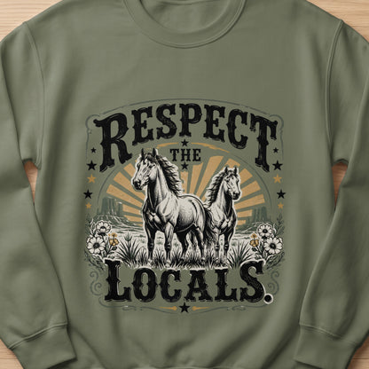 Two horses stand in a field with text "RESPECT THE LOCALS"