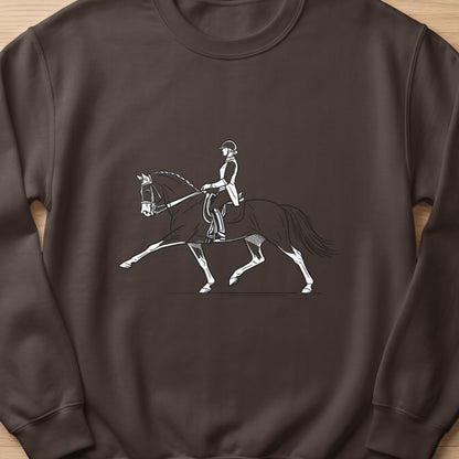 Equestrian performing dressage on horse, white line art on dark brown sweatshirt.