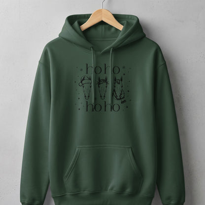 Dark green hoodie with a black graphic of three horses and "hoho" text.