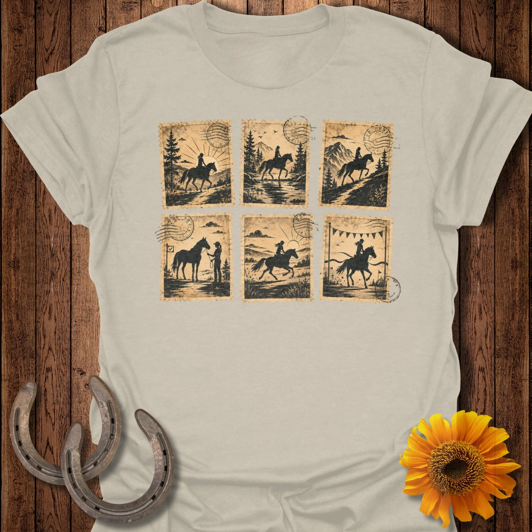 Six postage stamps depicting horses and riders in various scenic settings.