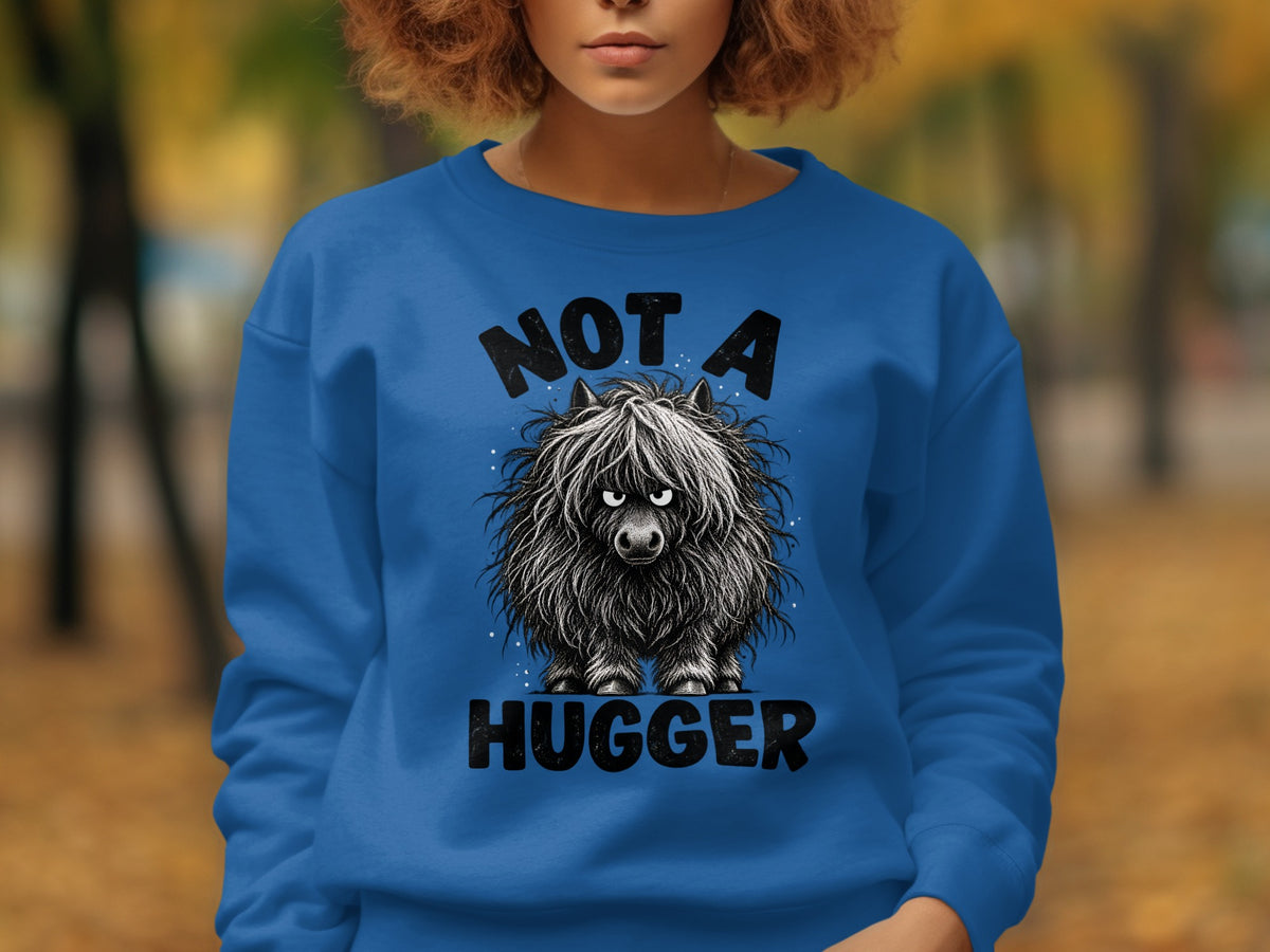 Blue sweatshirt with "NOT A HUGGER" text and a fluffy black creature graphic.