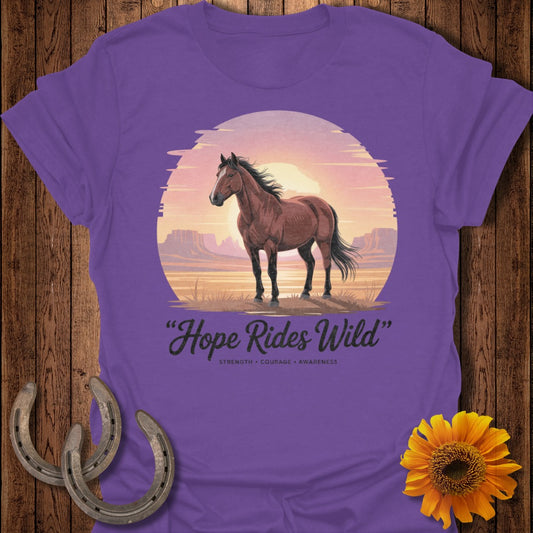 Purple t-shirt with a horse in a desert landscape and text "Hope Rides Wild".