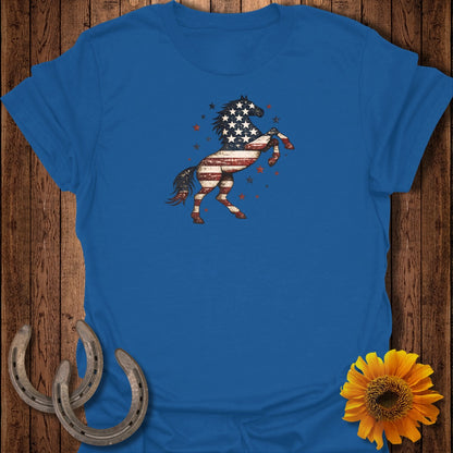 Blue t-shirt with patriotic American flag horse graphic and stars.