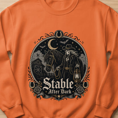 Skeleton cowboy with horse, lantern, stable, and text "Stable After Dark" within a circular design.