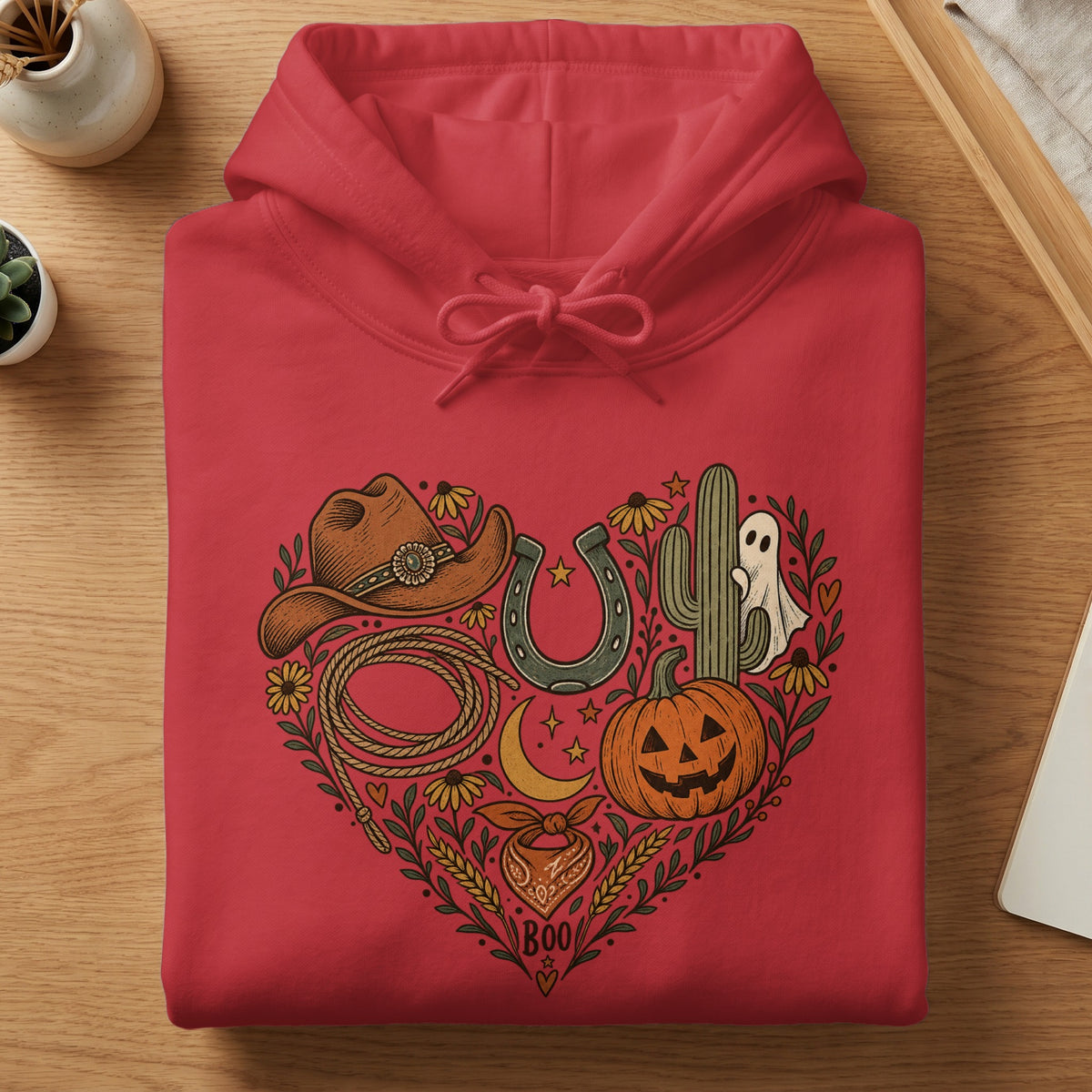 Red hoodie with heart-shaped graphic featuring western and Halloween elements.