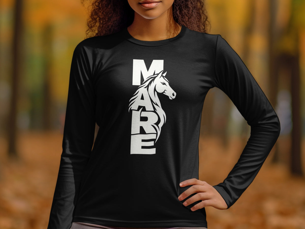 A woman wearing a black long-sleeve shirt with a white graphic of a horse and the text "MARE" printed vertically down the chest.