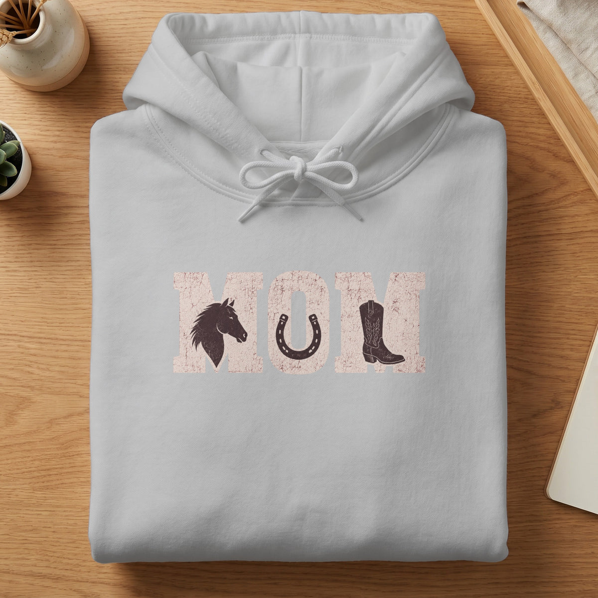 Gray hoodie with "MOM" graphic featuring horse, horseshoe, and cowboy boot.