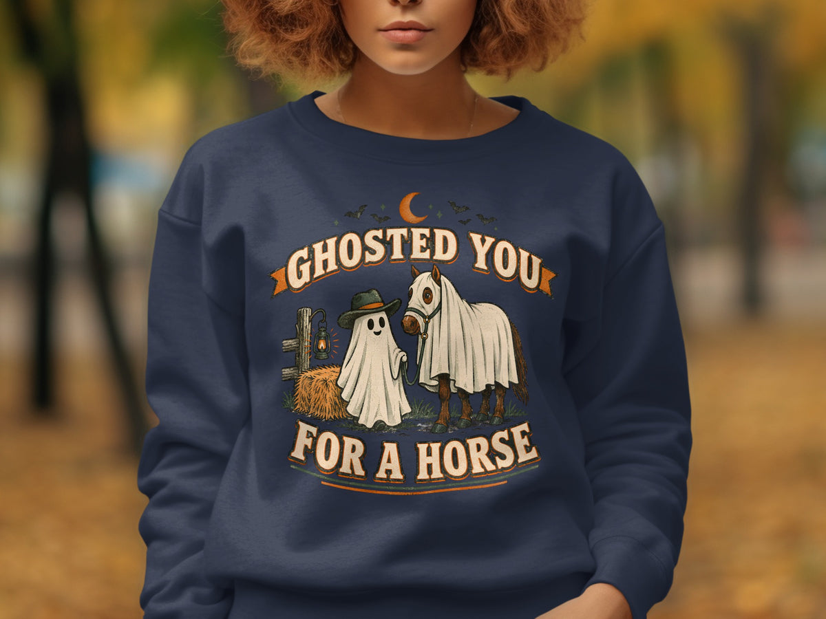 Ghosted You For A Horse Halloween graphic with ghost, horse, and barn elements.