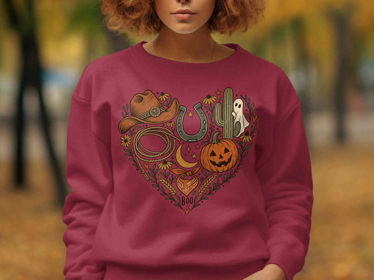 Heart design with cowboy hat, horseshoe, cactus, ghost, and pumpkin on a burgundy sweatshirt.