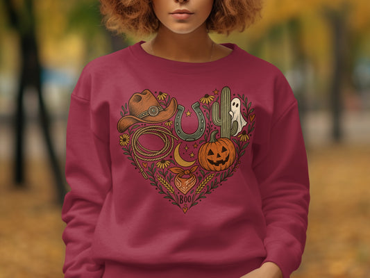 Heart design with cowboy hat, horseshoe, cactus, ghost, and pumpkin on a burgundy sweatshirt.