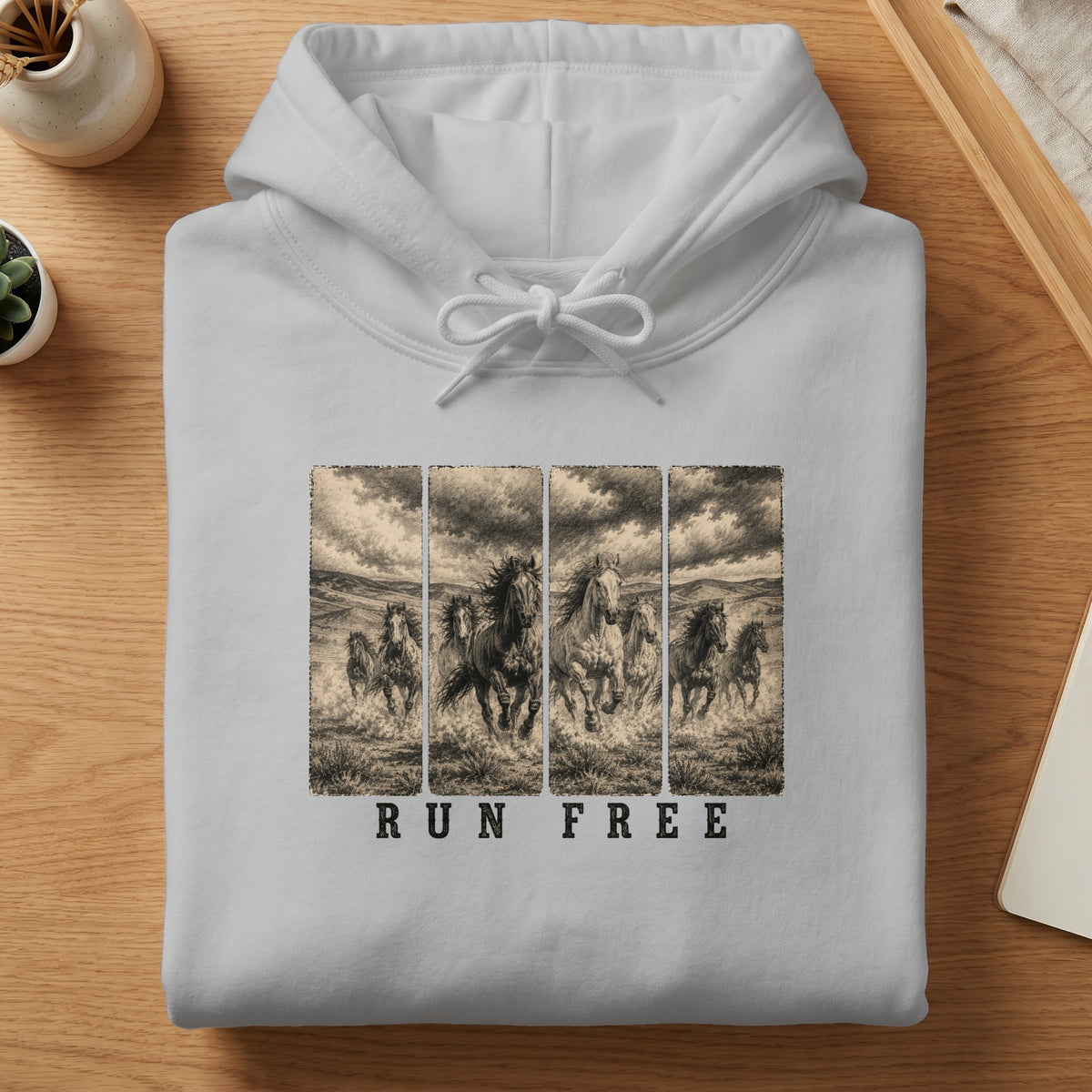 White hoodie with a vintage-style print of horses running and the text "RUN FREE".