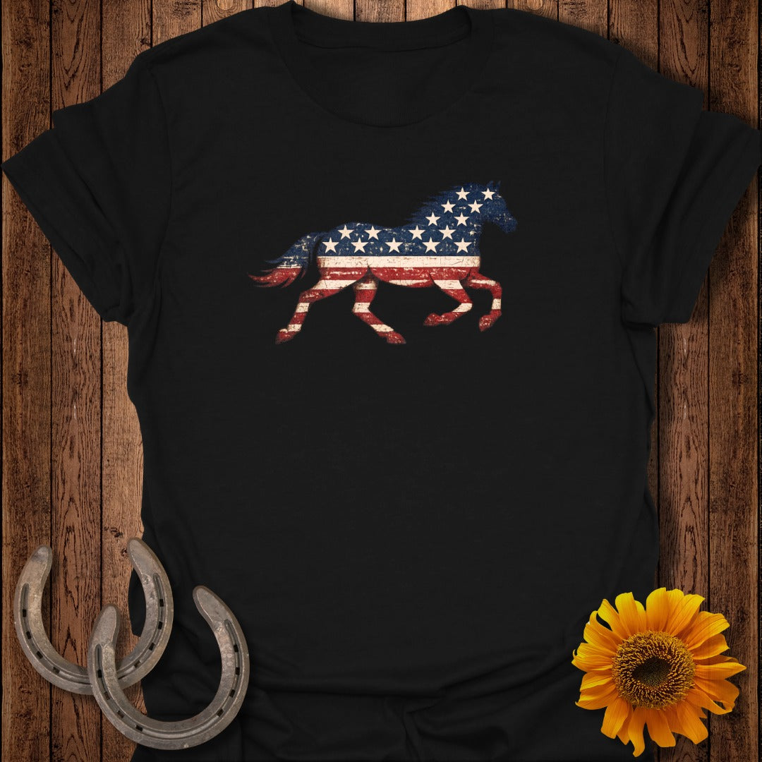 Black t-shirt with distressed American flag horse graphic.