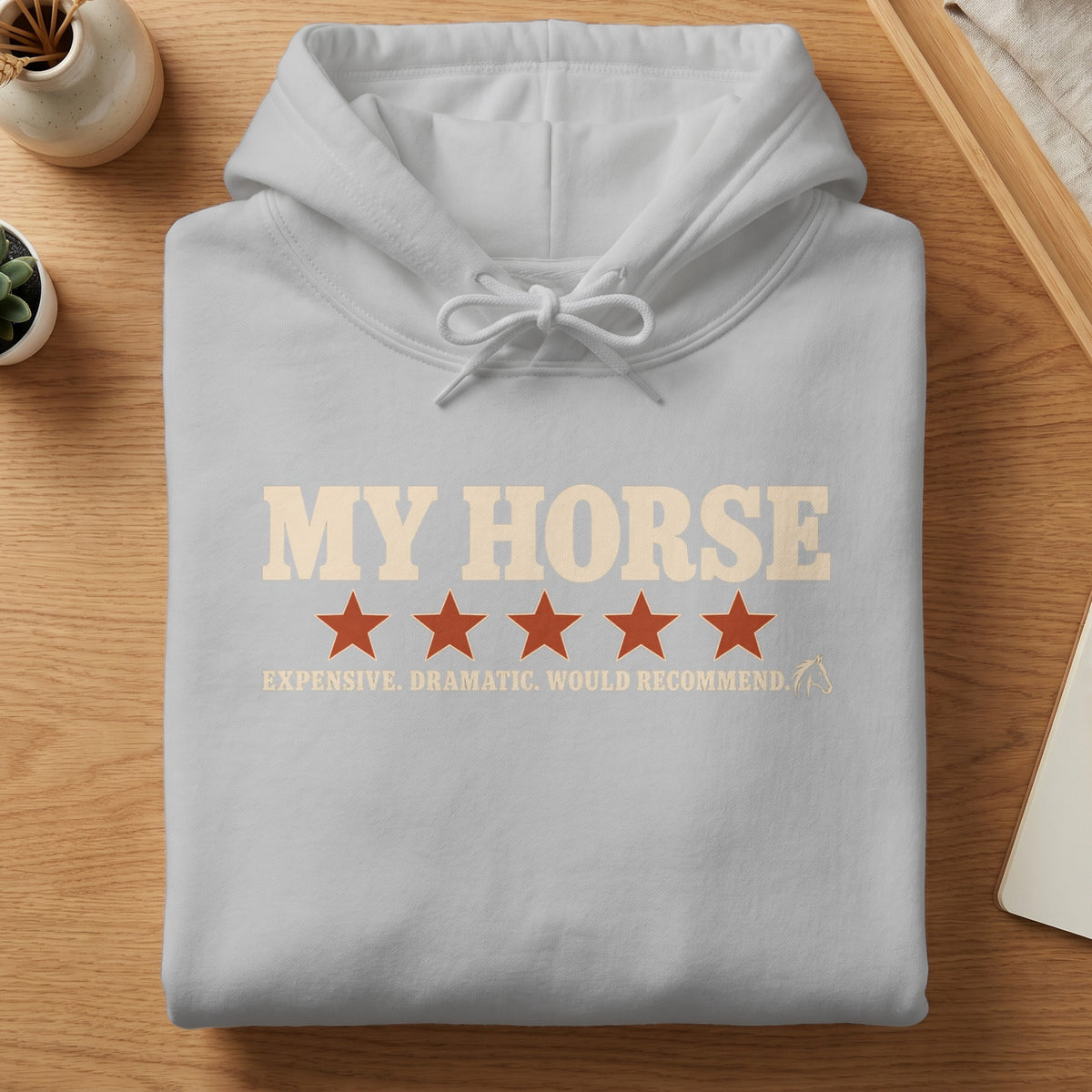Gray hoodie with "MY HORSE" text, four stars, and a review.