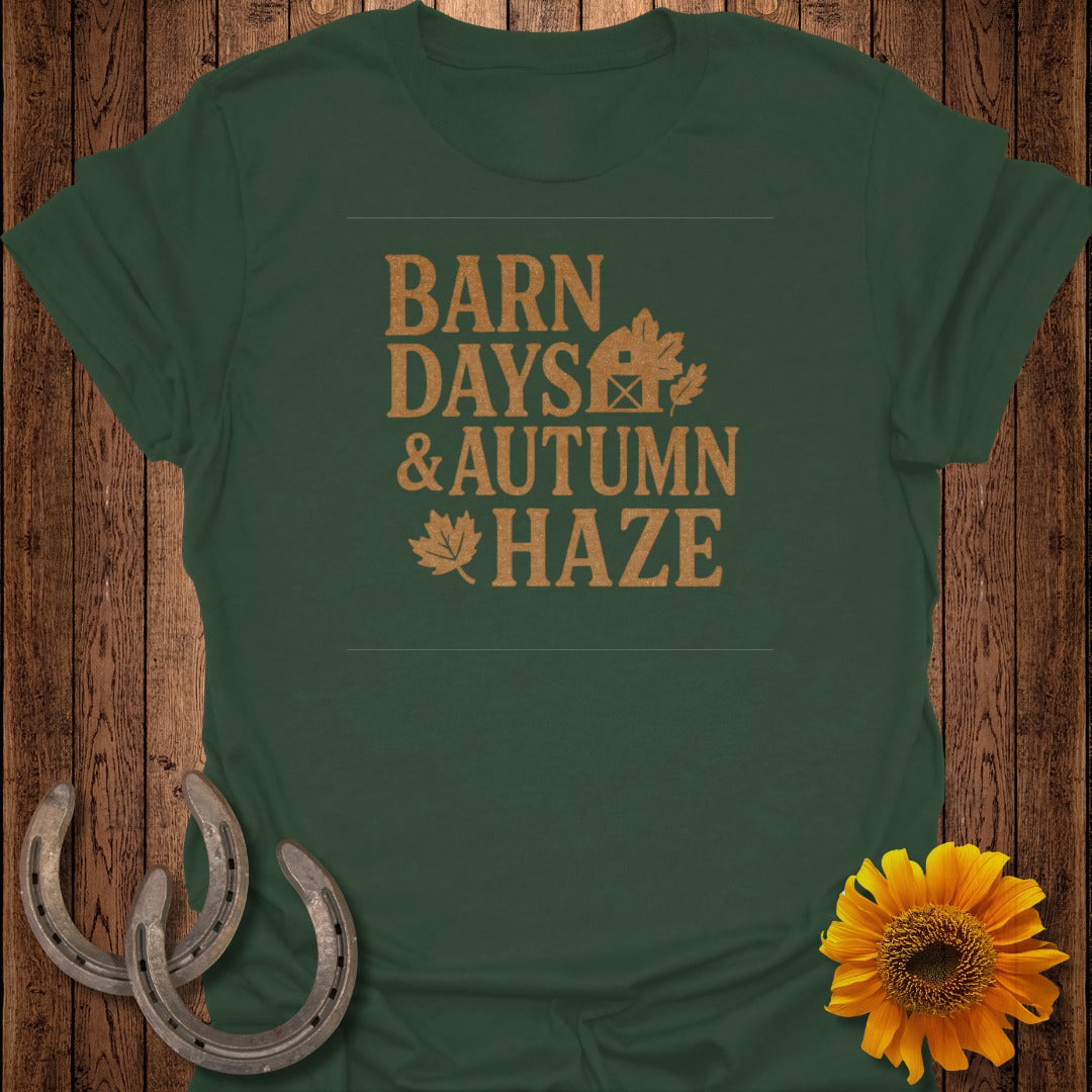 Green t-shirt with "Barn Days & Autumn Haze" text and autumn graphics.