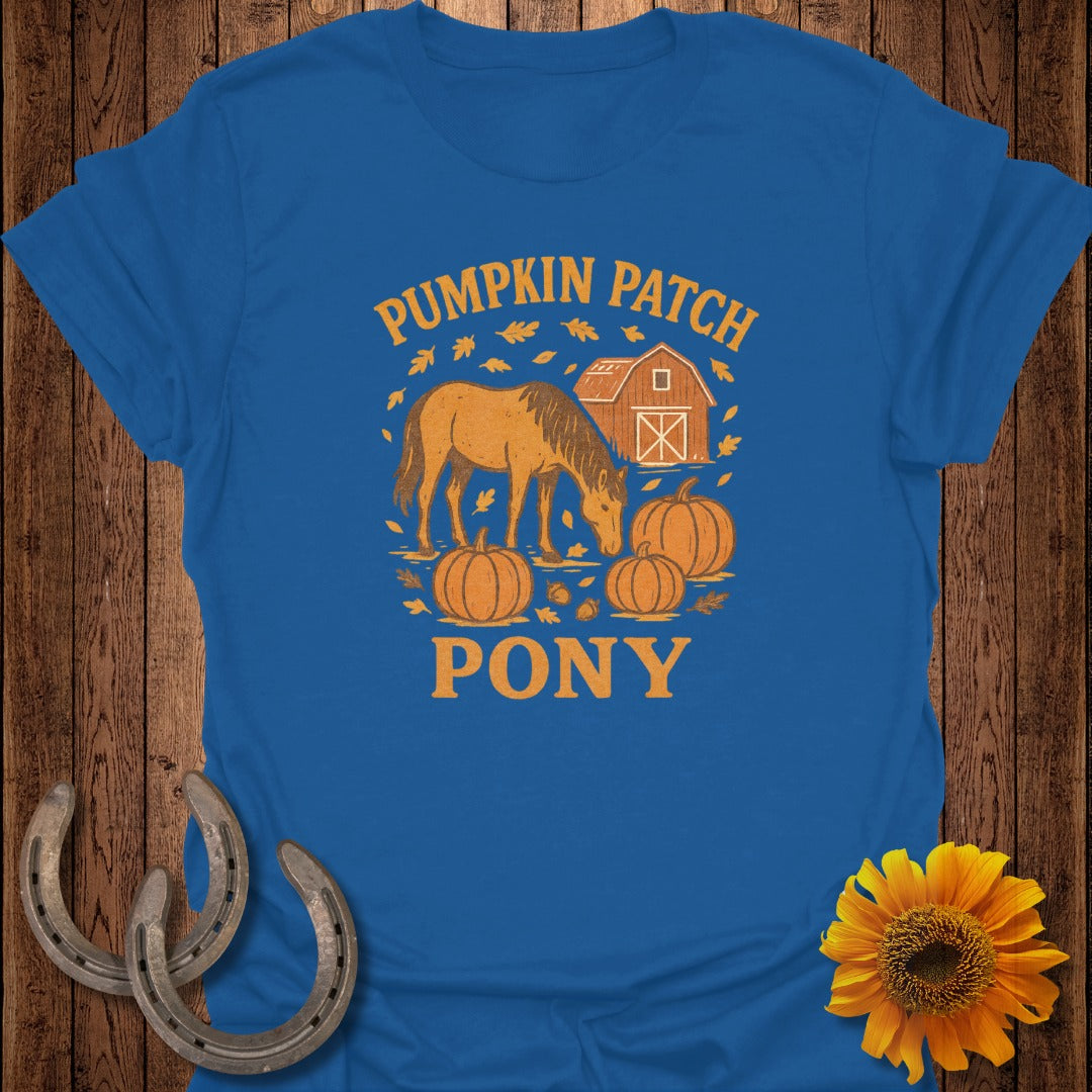 Pumpkin Patch Pony graphic with horse, pumpkins, barn, and autumn leaves.