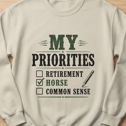 Sweatshirt with "MY PRIORITIES" and a checklist: HORSE is checked.