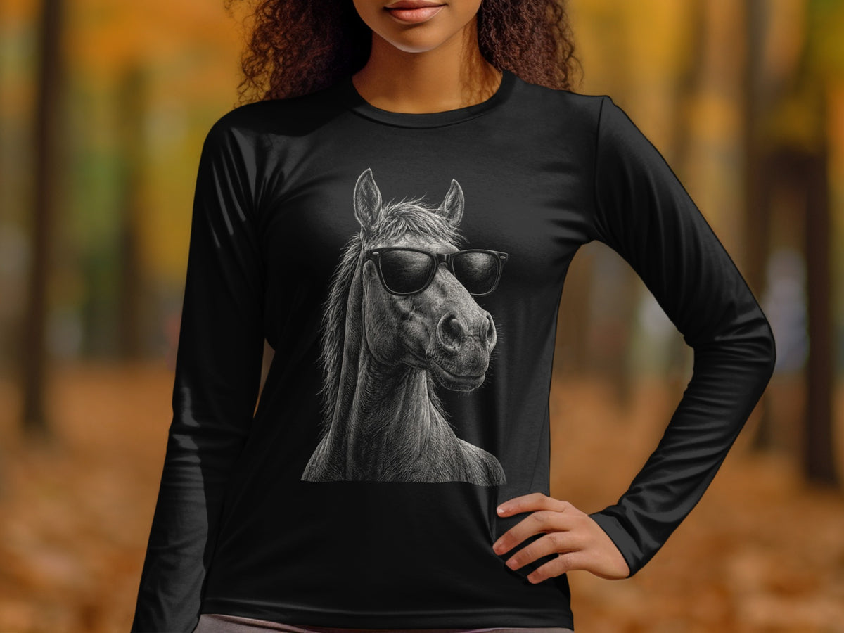Black long sleeve shirt with a detailed grayscale horse wearing sunglasses graphic.