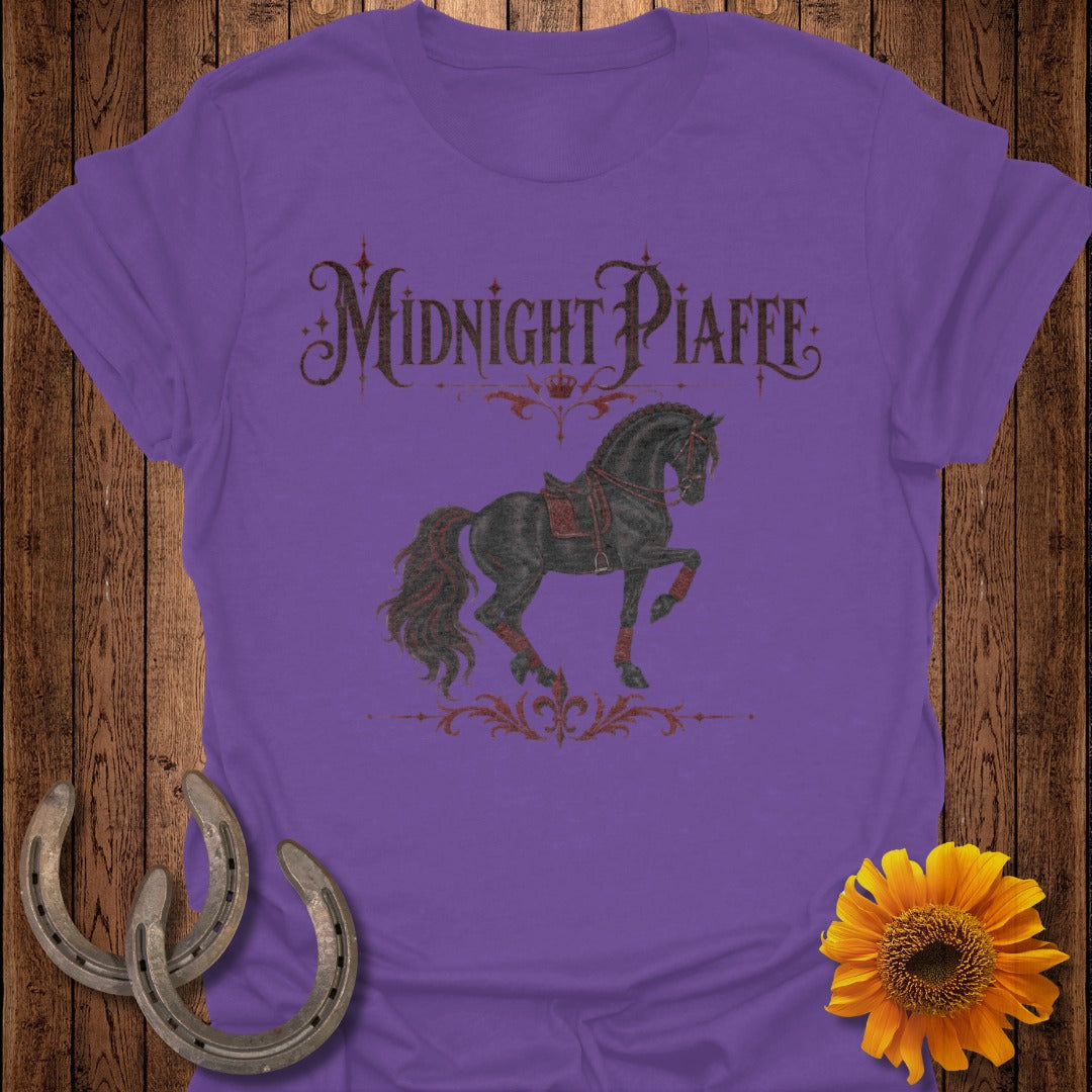 Purple t-shirt with "Midnight Piaffe" text and a black horse graphic.