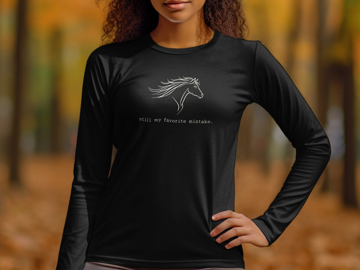 Black long-sleeve shirt with white horse graphic and text "still my favorite mistake."