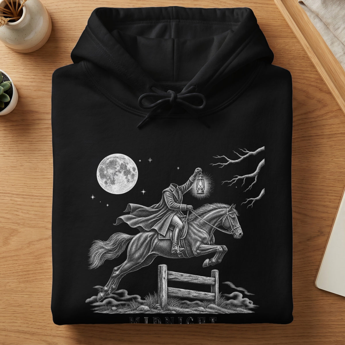 Black hoodie with headless horseman graphic, lantern, moon, and "MIDNICHT" text.