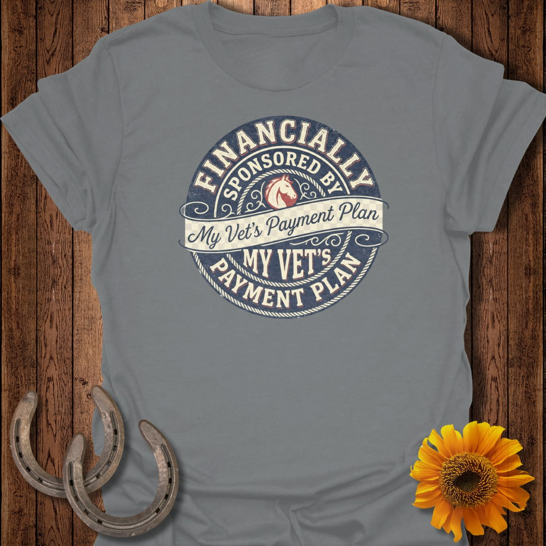 Grey t-shirt with "Financially Sponsored by My Vet's Payment Plan" circular text design.
