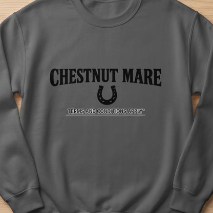 Dark grey sweatshirt with black text "CHESTNUT MARE" and a horseshoe.