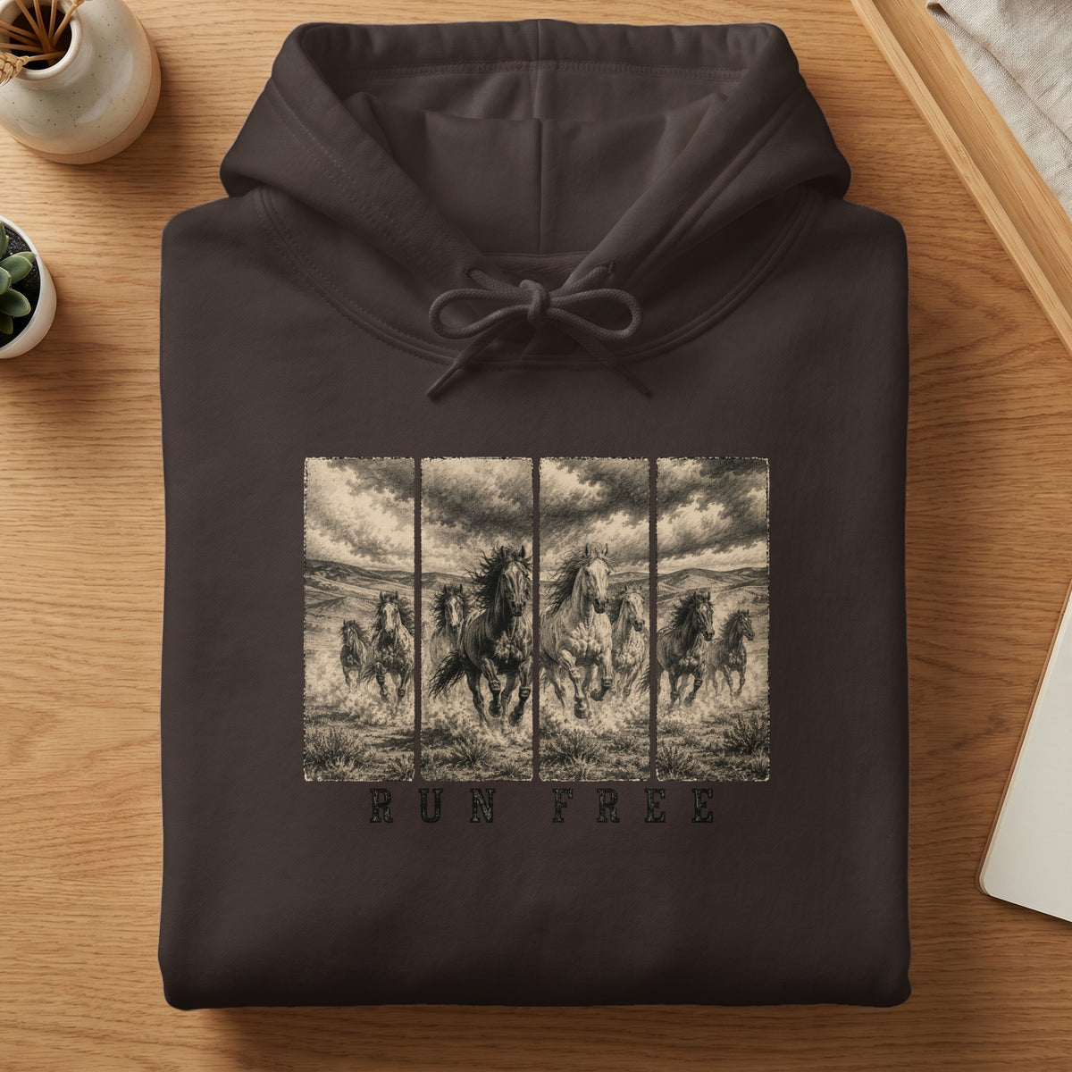 Brown hoodie with a sepia-toned graphic of horses running and text that reads "RUN FREE."