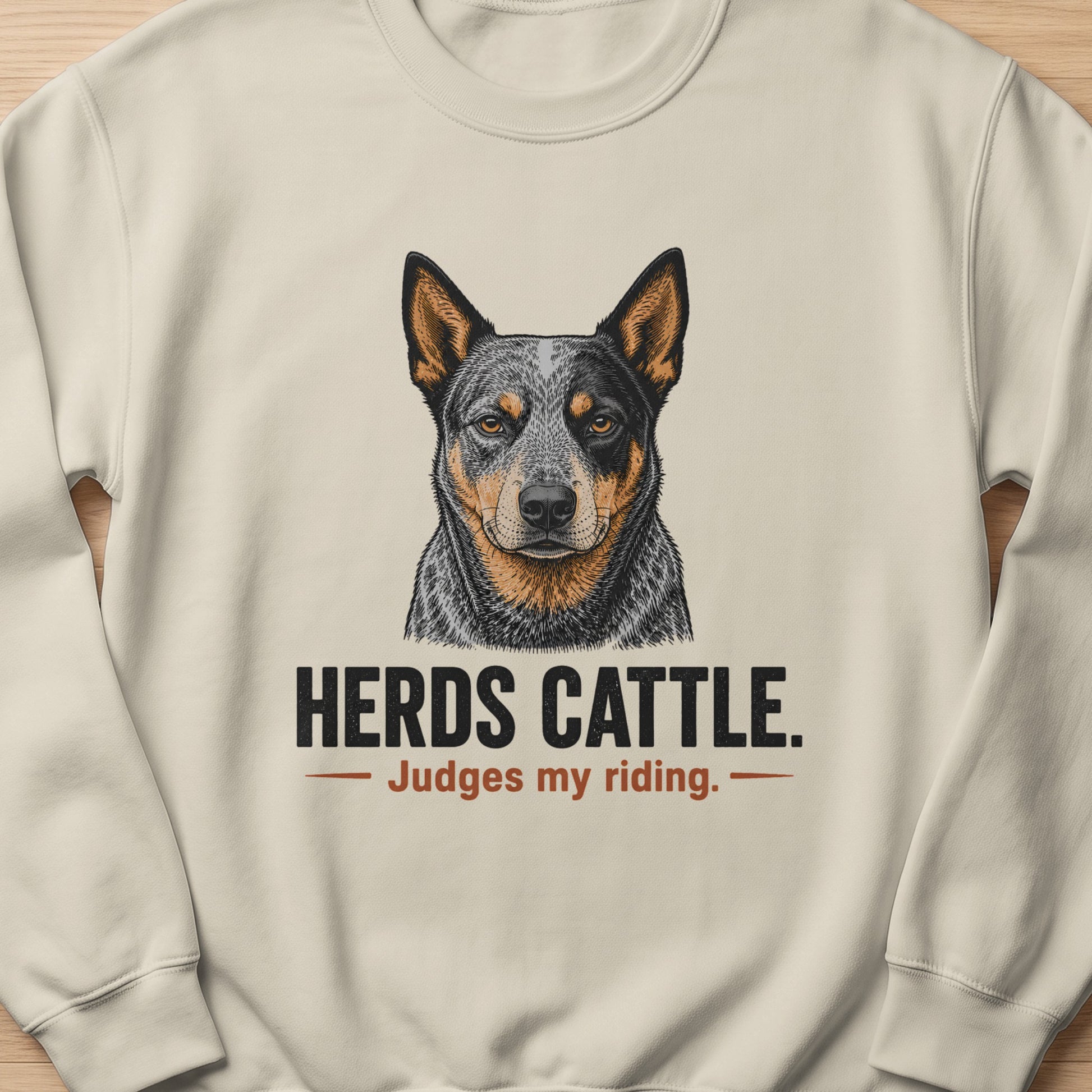 Cream sweatshirt with an Australian Cattle Dog illustration and text "HERDS CATTLE. Judges my riding."