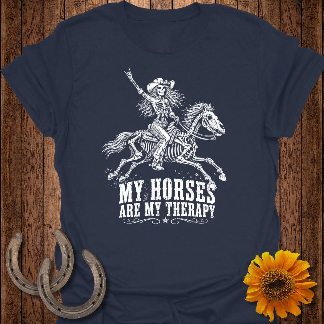 Skeleton riding a horse, text reads "My horses are my therapy".