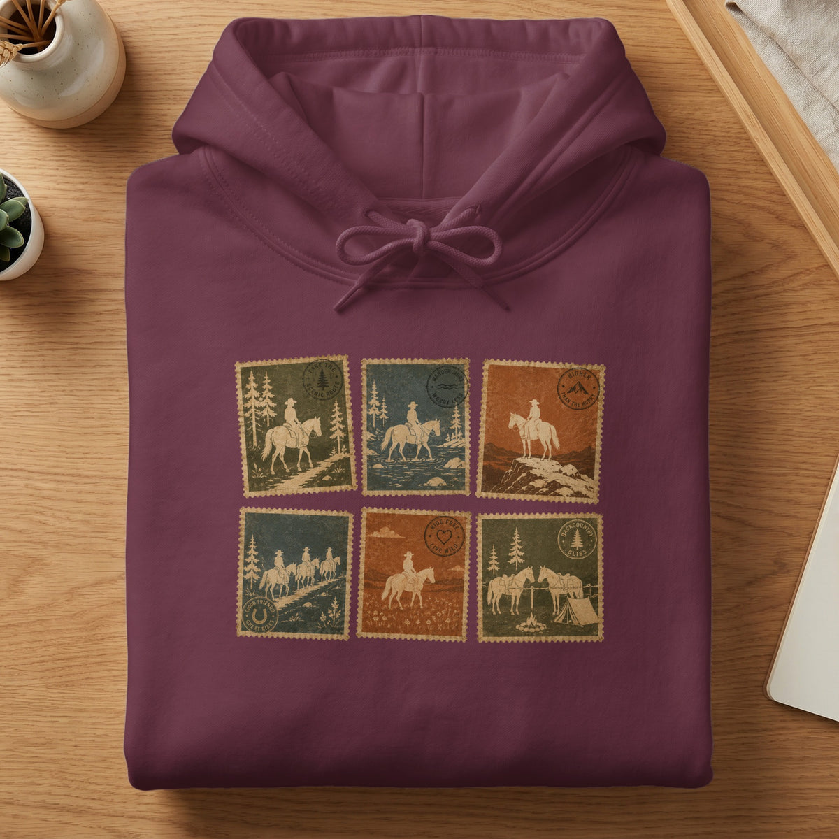 Maroon hoodie with six vintage stamp graphics featuring cowboys on horses.