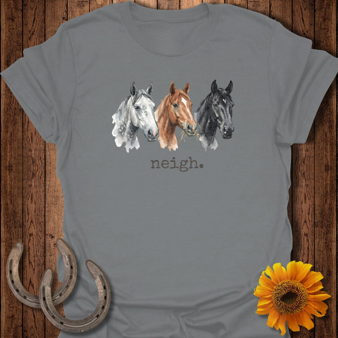 Three watercolor horses' heads, white, brown, and black, with "neigh" text.