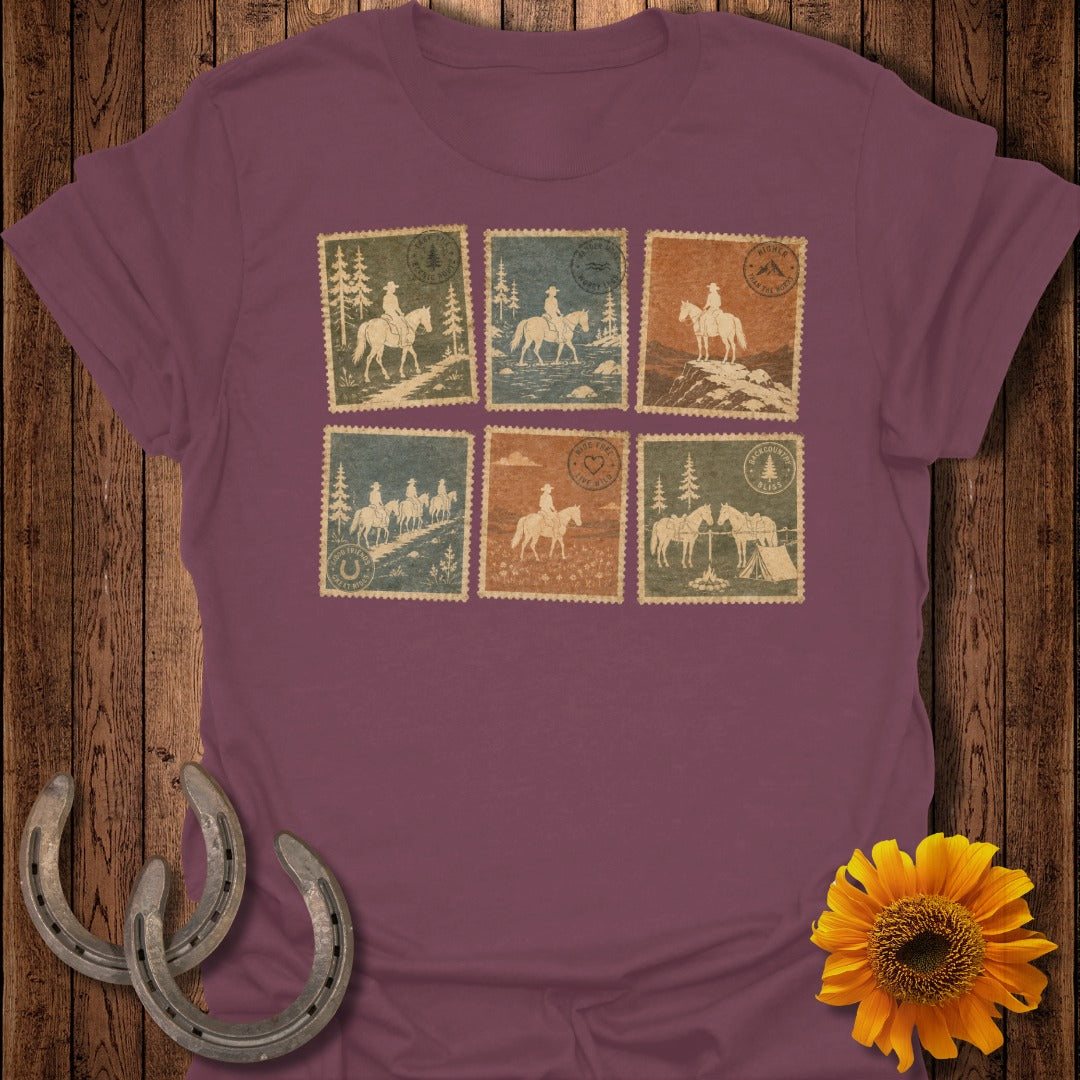 T-shirt with six vintage stamp graphics of cowboys riding horses in scenic landscapes.