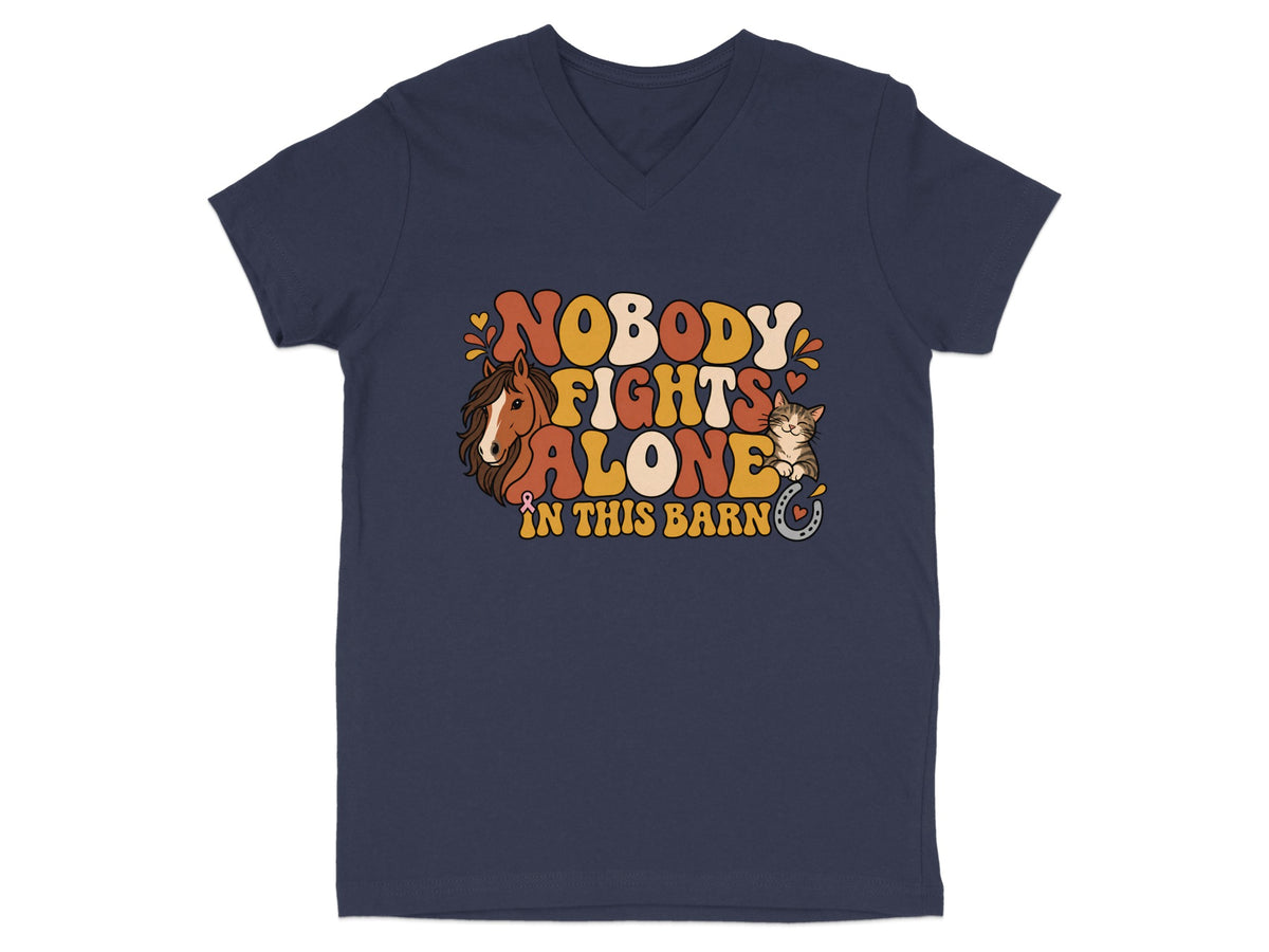 Navy t-shirt with retro text "Nobody Fights Alone In This Barn" and horse and cat graphics.