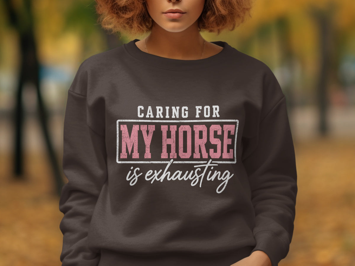 Dark brown sweatshirt with "Caring for My Horse is exhausting" text.
