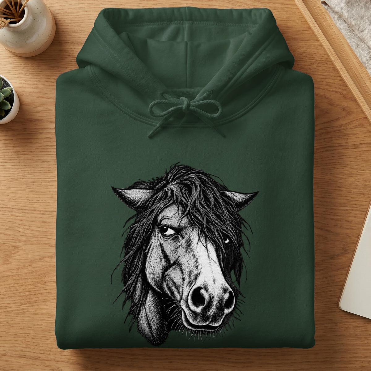 A folded dark green hoodie features a detailed black-and-white illustration of a horse head on the chest.