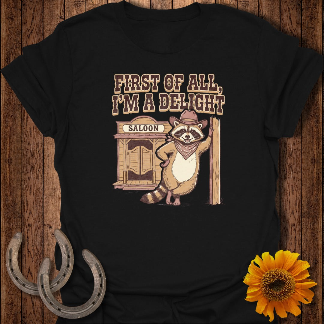 Raccoon in cowboy hat leans against saloon door on black t-shirt.