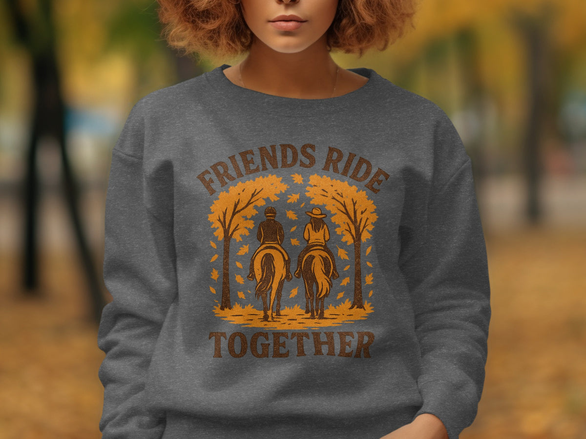 Dark grey sweatshirt with "Friends Ride Together" text and equestrian graphic.